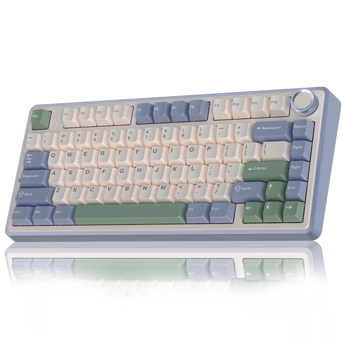 White and green compact 75 percent mechanical keyboard with RGB lighting and a side knob