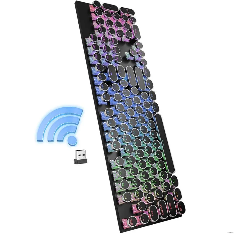 Black full-size mechanical keyboard with round retro keycaps and RGB backlighting