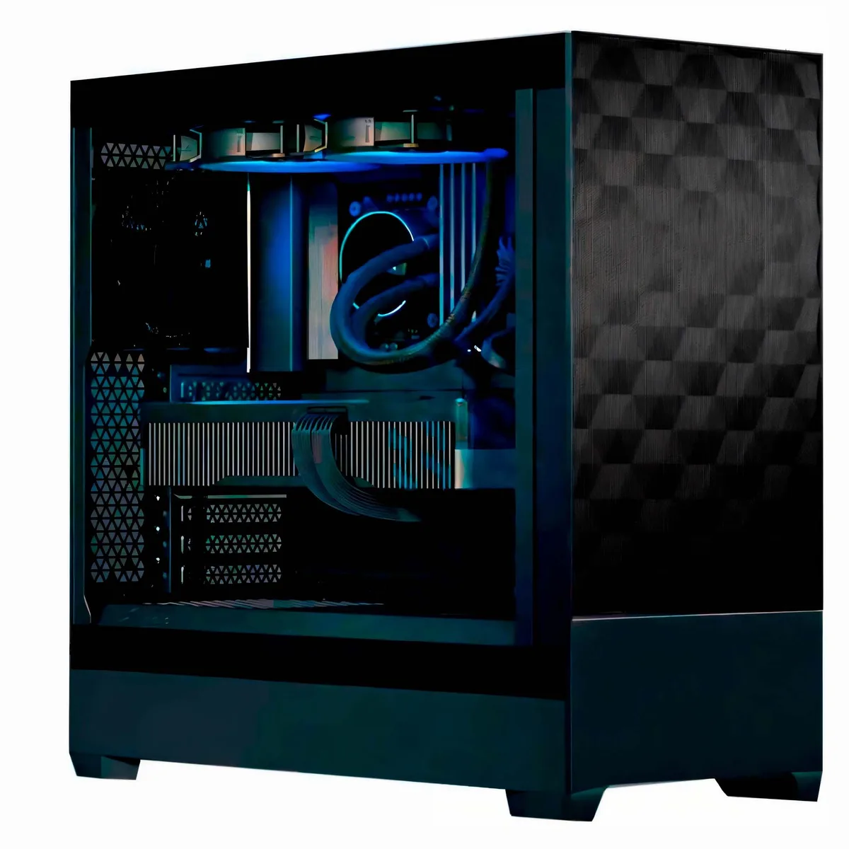 Black desktop tower with tempered glass side panel and RGB lighting