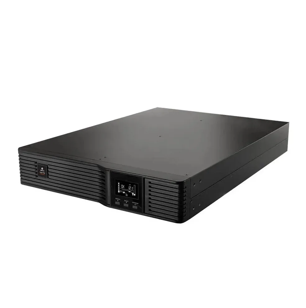 Rectangular 2U rackmount UPS in matte black metal, front panel with status LEDs and LCD display