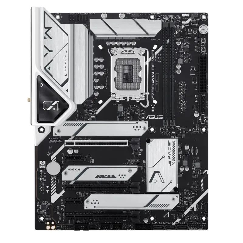 ASUS Z790 ATX motherboard silver heatsinks black PCB