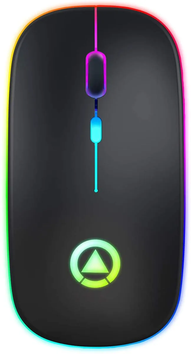 Black slim gaming mouse with LED backlight, three-mode wireless, 108 by 53 by 22 mm, 75 g