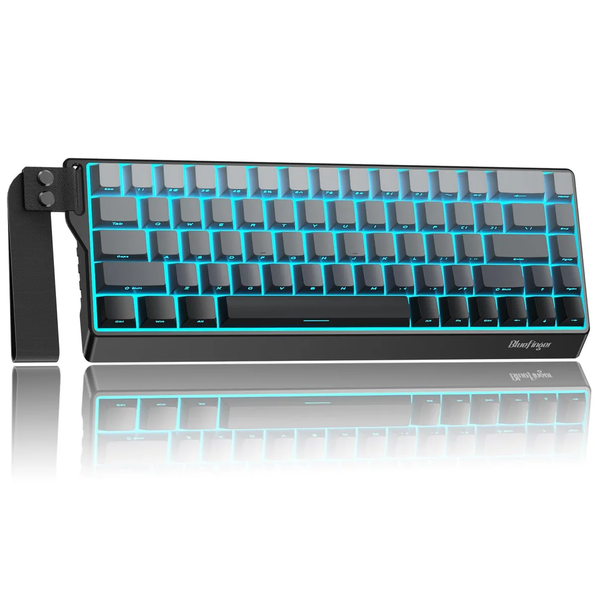 Compact 60 percent black mechanical keyboard with side printed PBT keycaps and a carrying strap