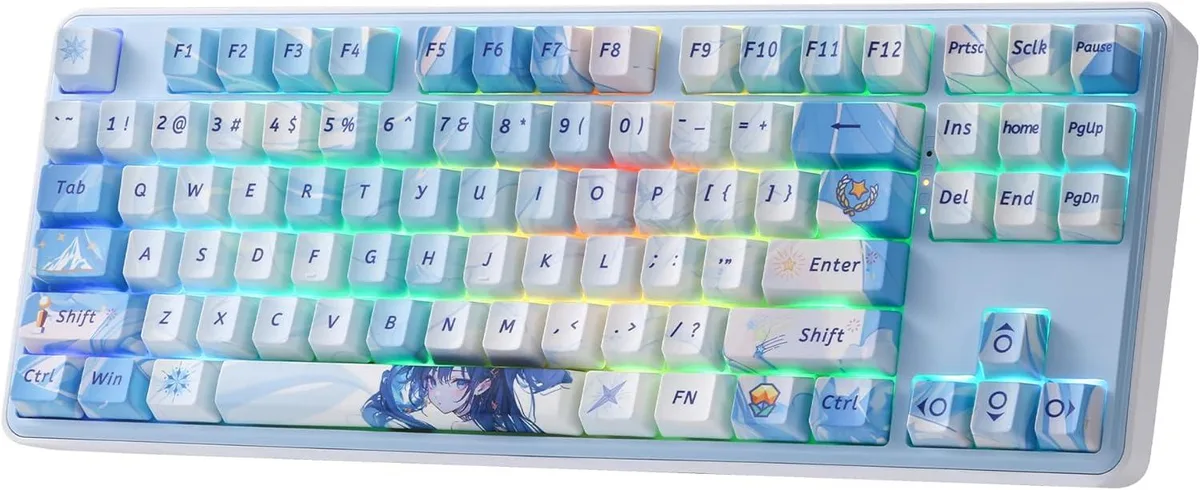 Compact 80% wireless mechanical keyboard in anime-themed white and pink with dye-sub PBT keycaps and gasket mount visible