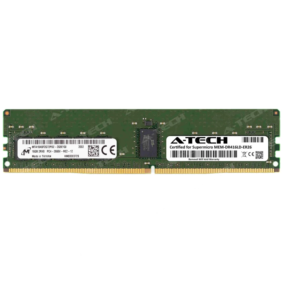Green rectangular circuit board with gold edge contacts and black memory chips