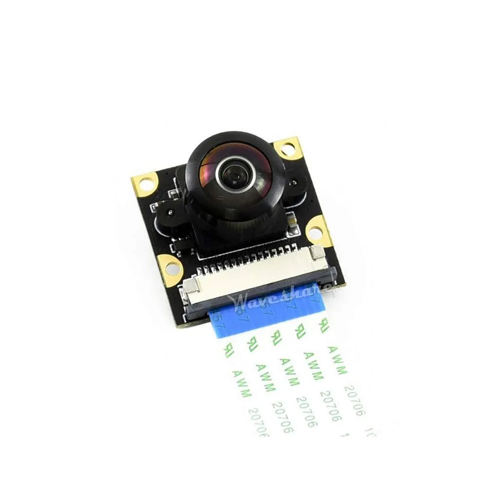 Small green circuit board with wide-angle camera lens and four mounting holes