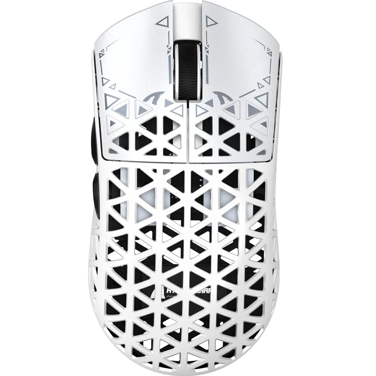 White ultra-light carbon fibre gaming mouse with symmetrical shape and matte finish