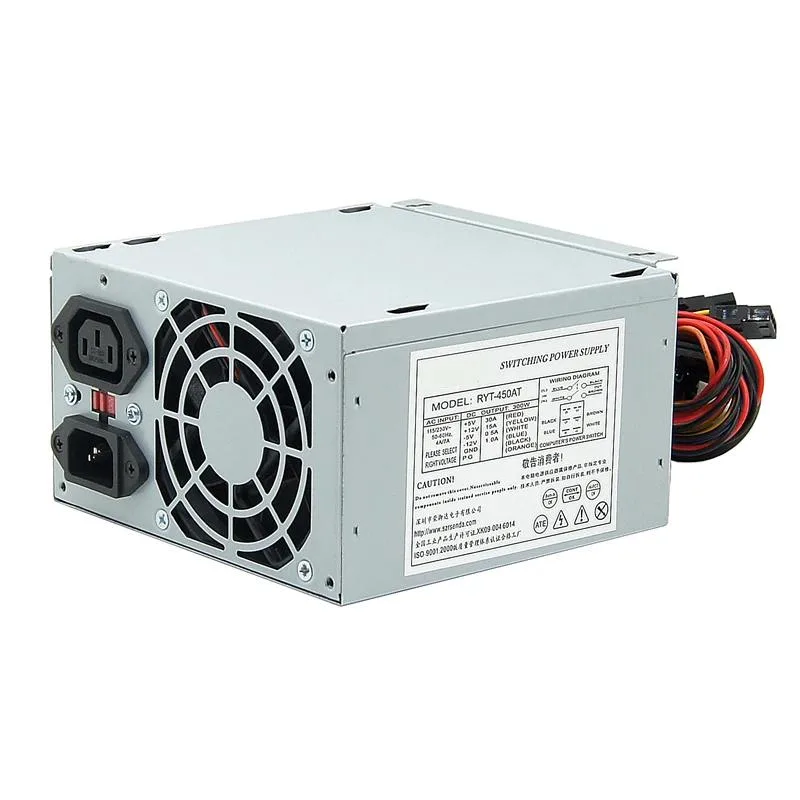 Rectangular ATX power supply unit with gold certification badge and cooling fan grille
