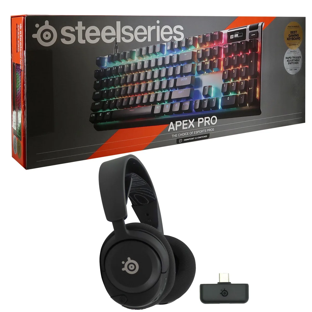 Black full-size wired keyboard and matching wireless headset on desk