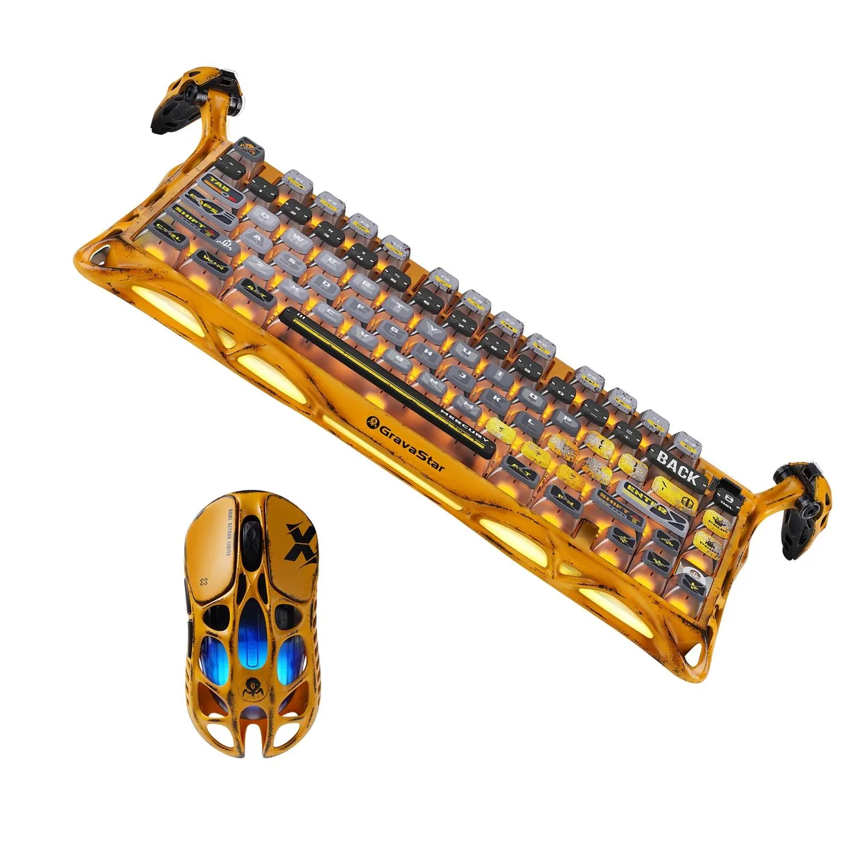 Lightweight magnesium gaming mouse in battle-worn yellow with skeletal open frame