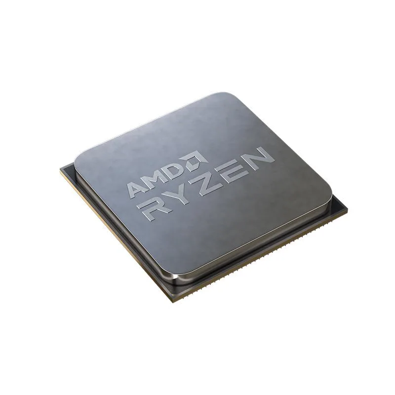 Square green ceramic chip with gold contact pads and silver metal heat spreader engraved with Ryzen 7 5700G branding