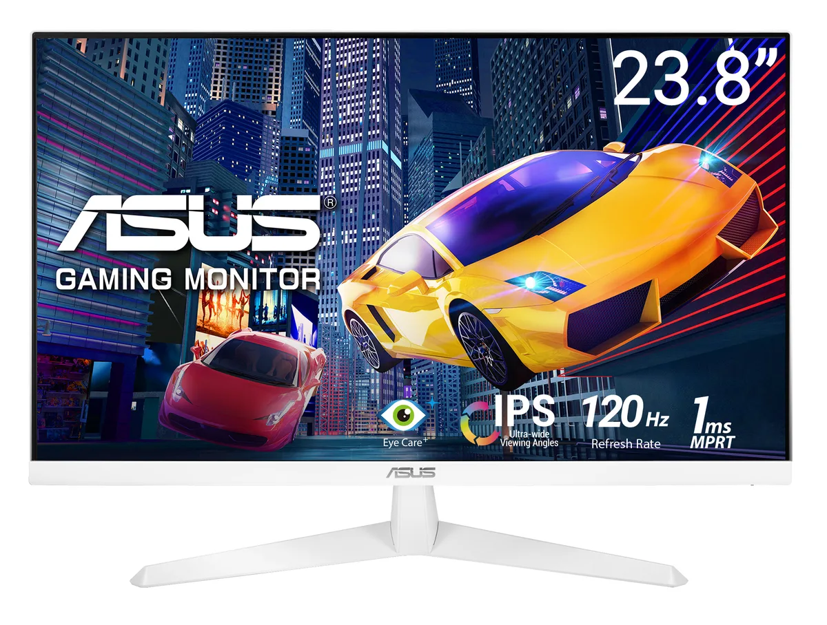 White 23.8 inch flat IPS gaming monitor with thin bezels and tilt stand