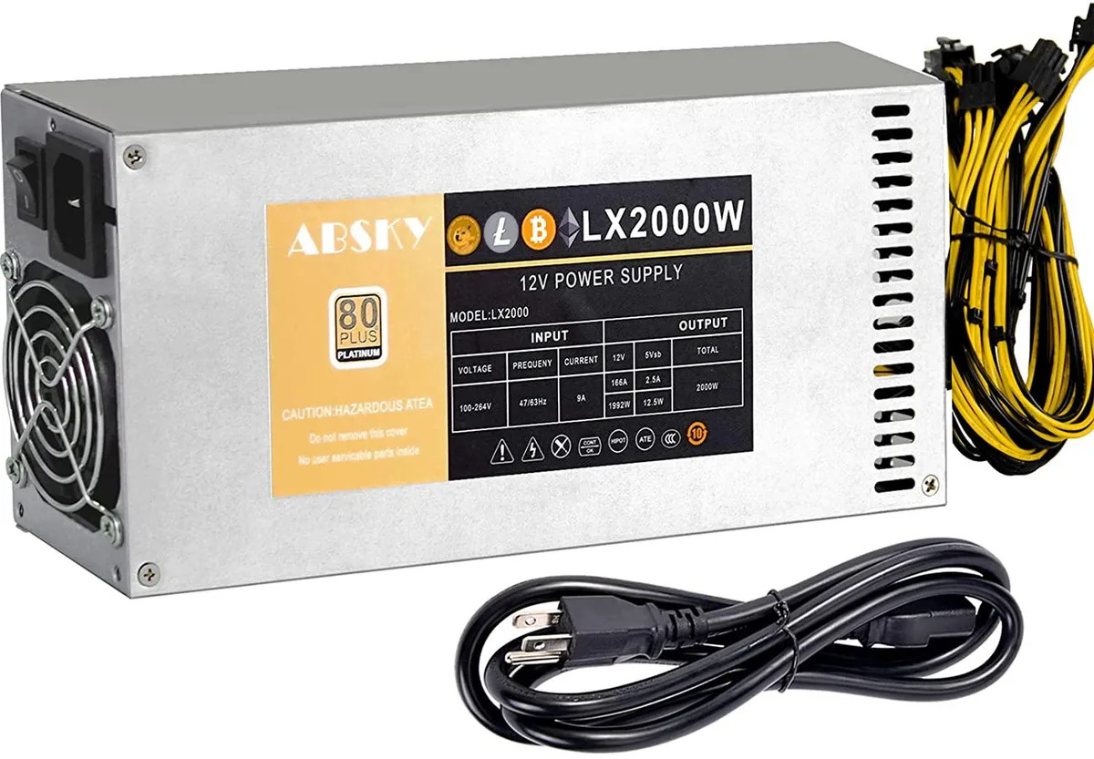 Silver 2U mining PSU with 60mm fan and ten 6-pin connectors