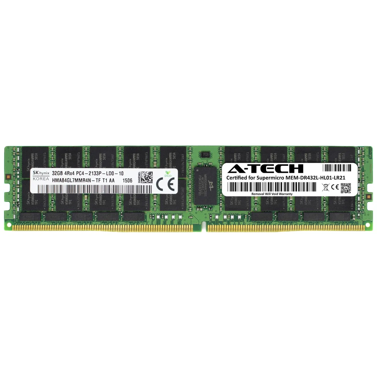 Green 288-pin LRDIMM server memory module with black chips