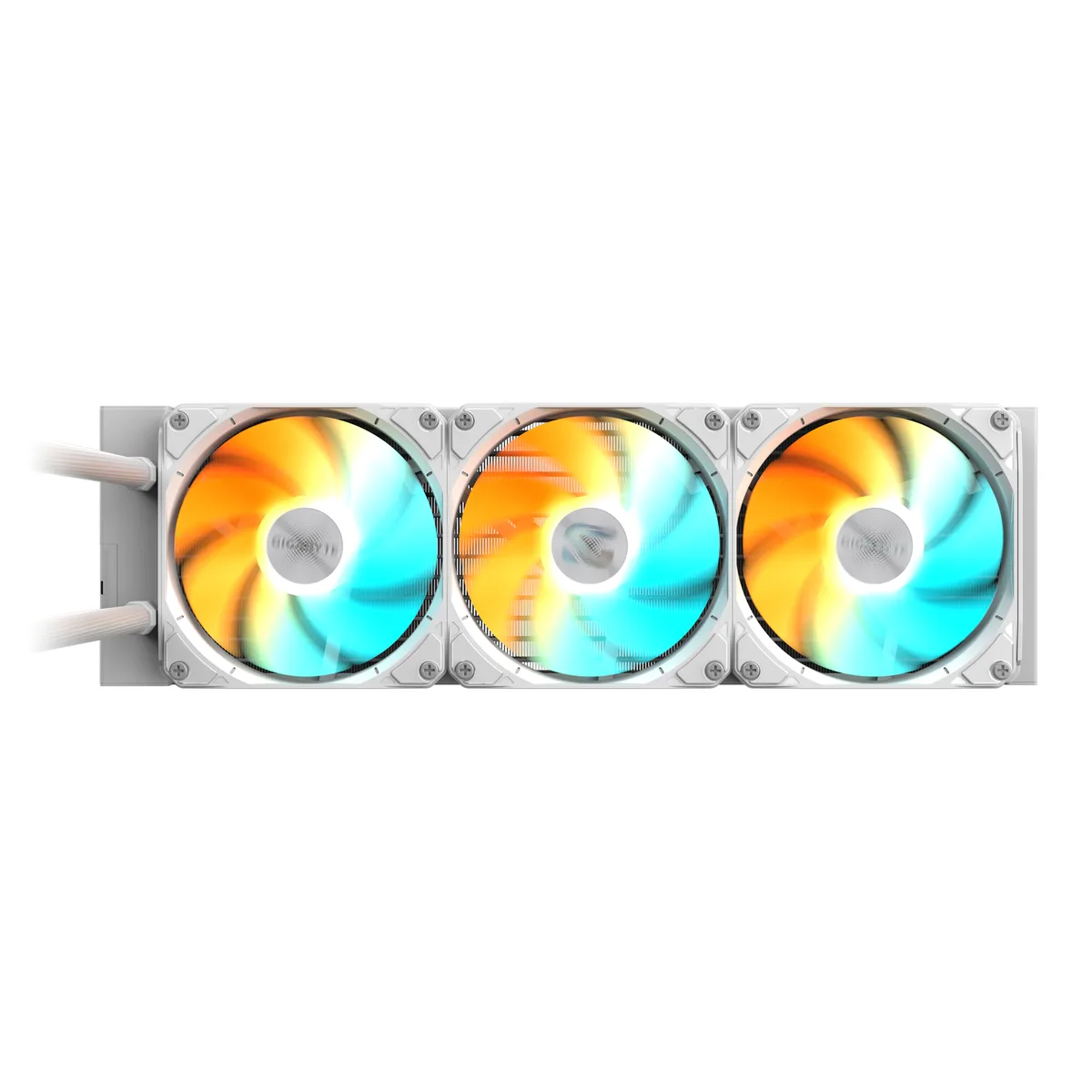 White 360 mm radiator with three 120 mm ARGB fans and a square pump block with a magnetic top cover