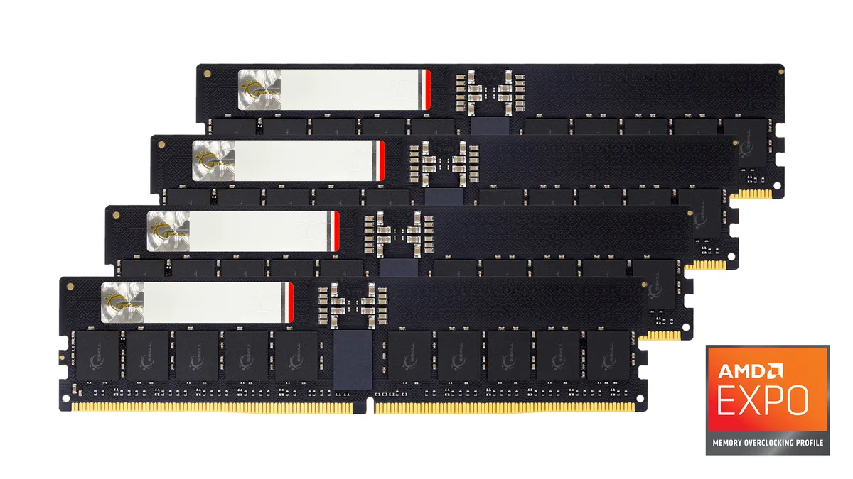 Four green DDR5 server R-DIMM modules in anti-static tray