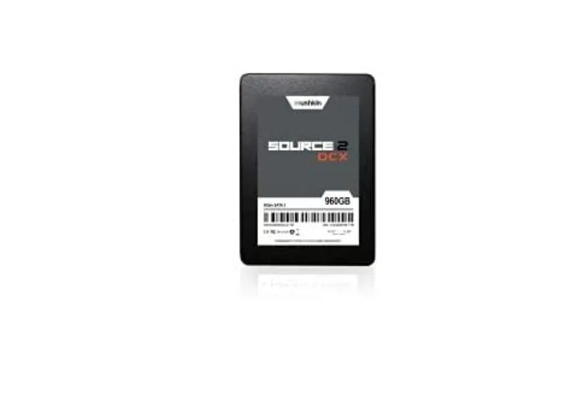 Rectangular 2.5 inch black SSD labeled 960GB Mushkin Source 2 DCX