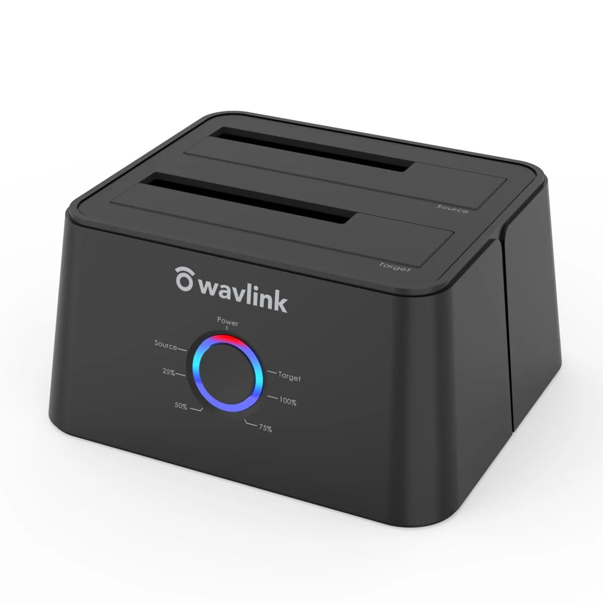 Black plastic dual-bay SATA dock for 2.5 and 3.5 inch drives with power adapter