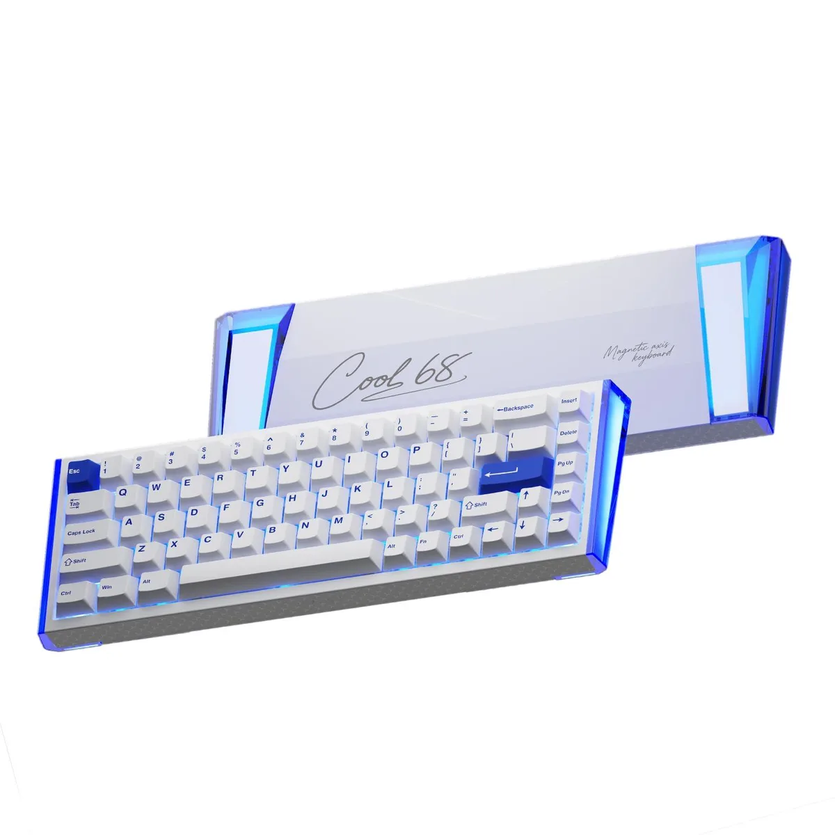 Compact 60 percent keyboard in blue and white with aluminum frame, PBT keycaps, side wing light bars and RGB backlighting