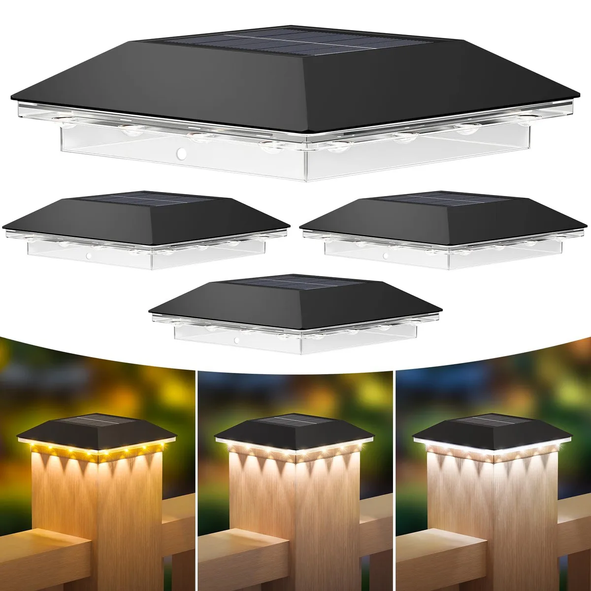  ZT03 Solar Post Light 4 Pack 16 LED 3 Modes IP44 5.5 in Black — fotografia produktu