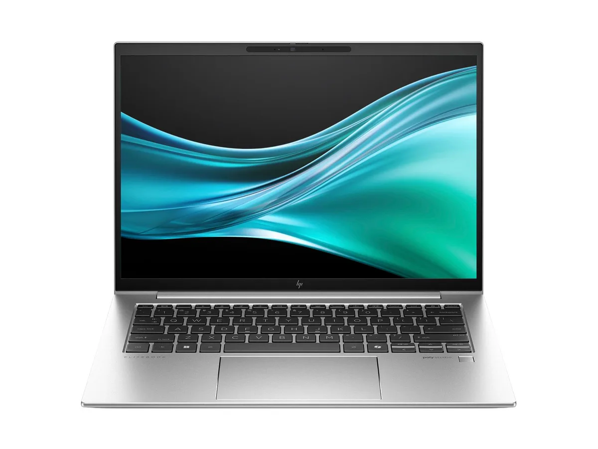 Silver 14-inch business laptop, slim profile, closed lid, HP logo visible