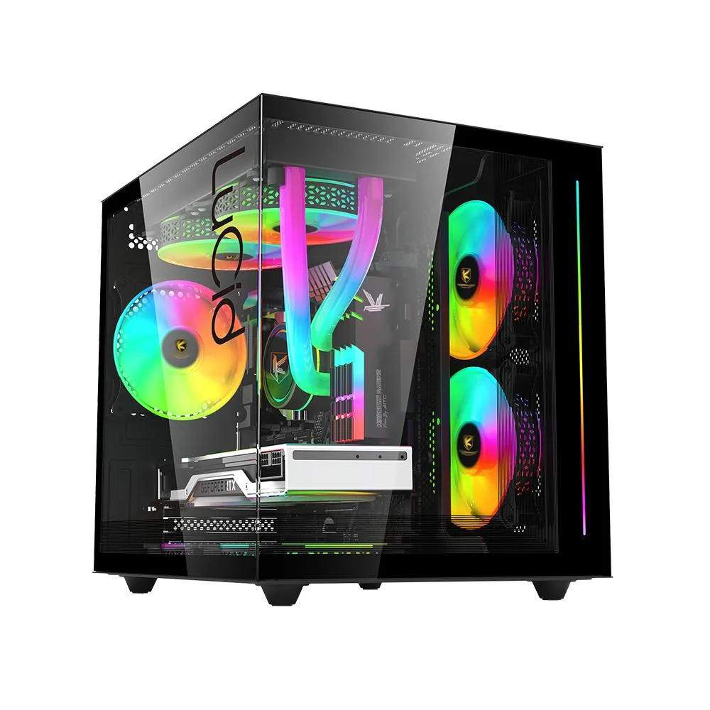 Compact black mini-tower with dual tempered glass panels and three ARGB fans visible