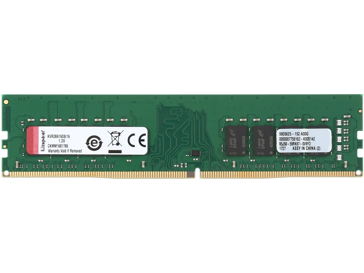 Green circuit board with black memory chips, gold edge connector, no heat spreader
