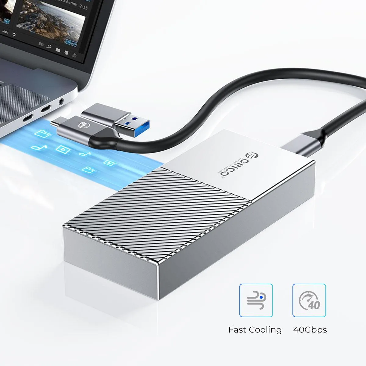 Orico Orico M208C3 USB 4.0 40Gbps M.2 NVME Enclosure Silver — Produktfoto