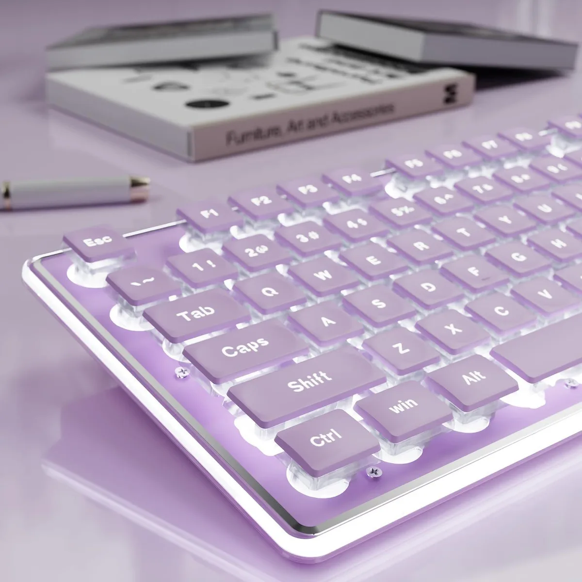 Purple full-size wired gaming keyboard with white backlit pudding keycaps