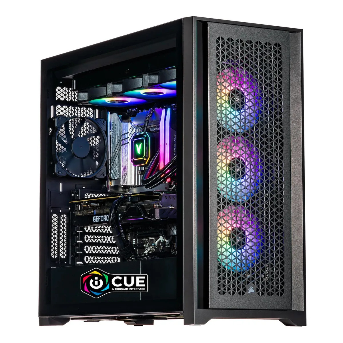 Black mid-tower gaming desktop with RGB lighting and 360mm AIO cooler
