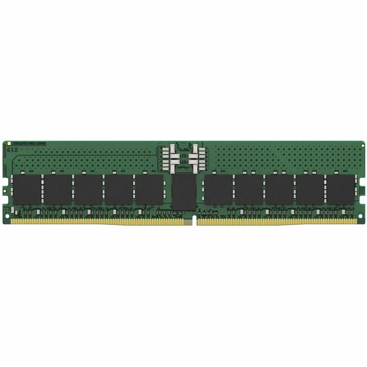 Green bare circuit board DDR5 DIMM with black memory chips and gold edge contacts