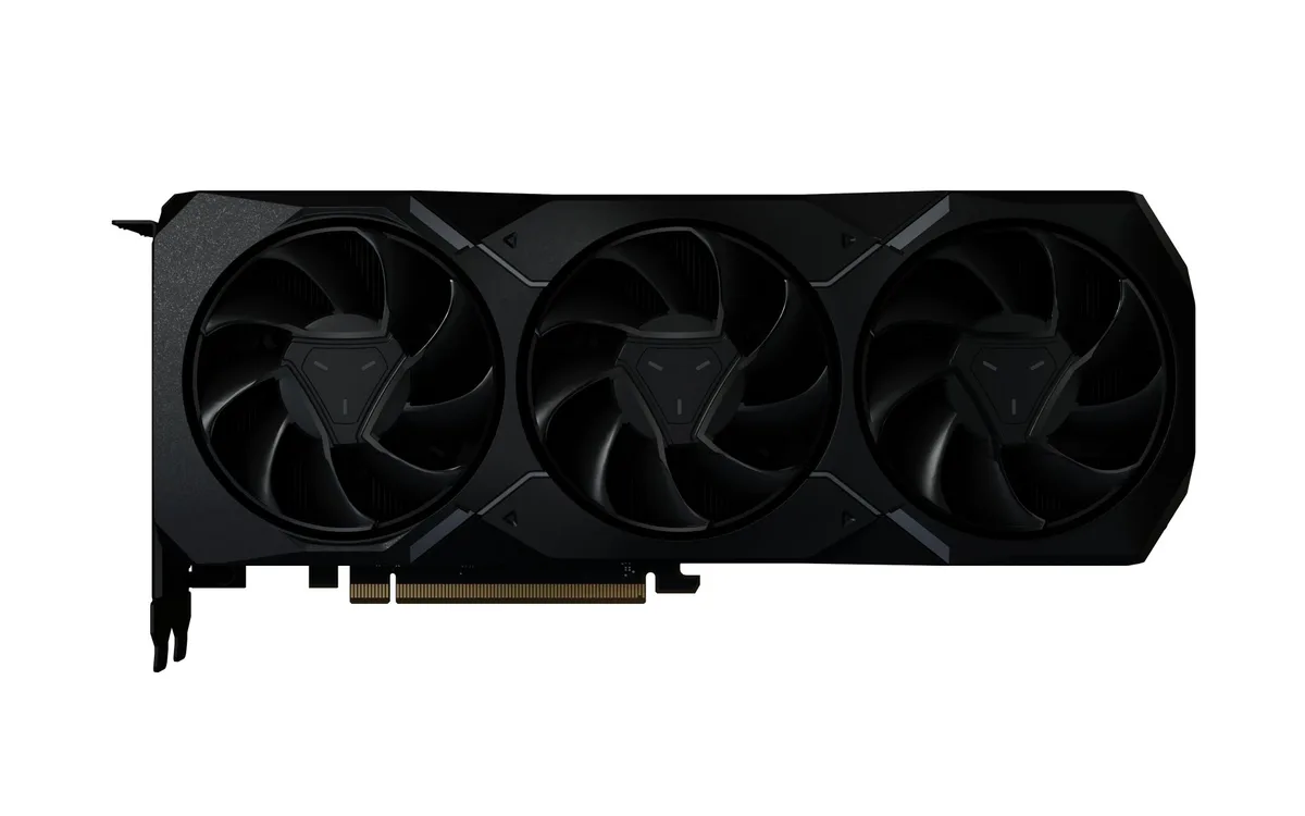XFX Radeon RX 7900 XT graphics card, triple-fan cooler, matte black finish, three-slot width