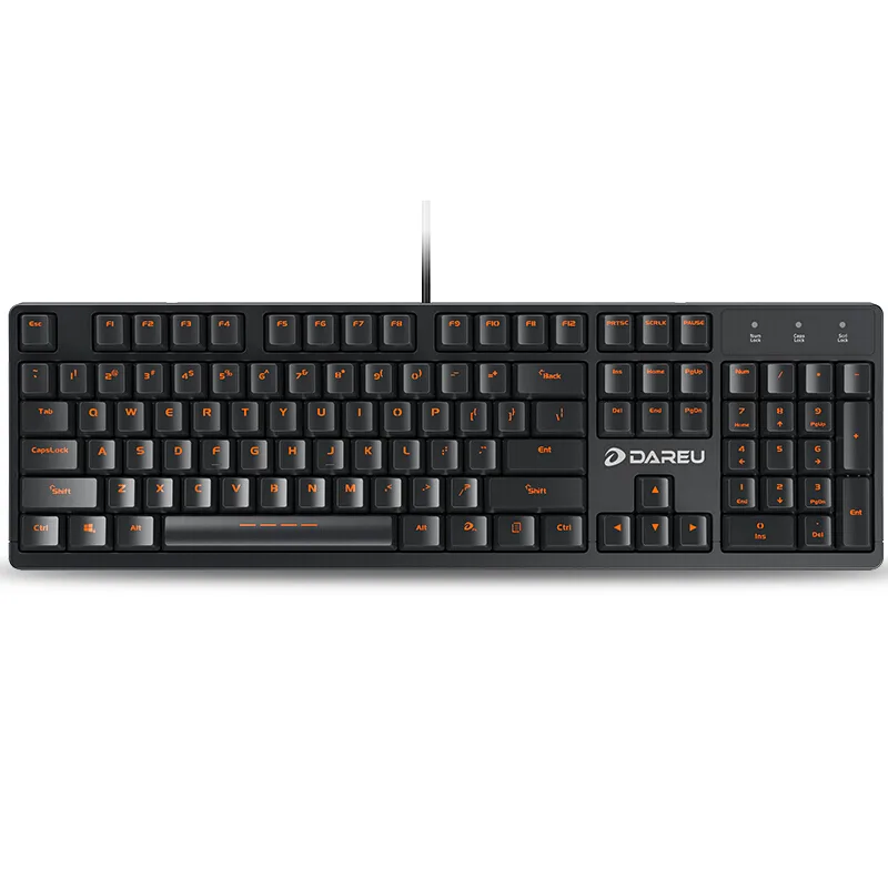 Full-size black mechanical keyboard with 104 double-shot keycaps and blue switches