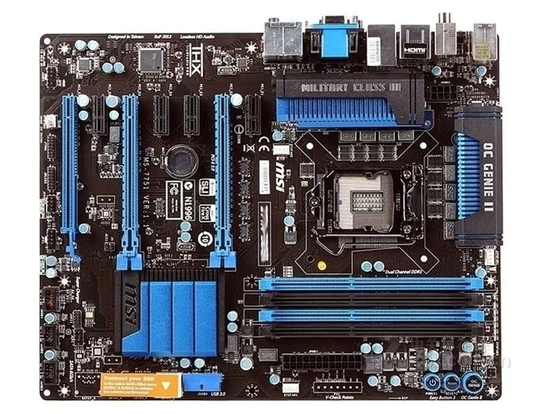 MSI Z77A-GD55 ATX motherboard black PCB silver heatsinks LGA 1155 socket DDR3 slots PCIe expansion slots SATA ports rear I/O panel