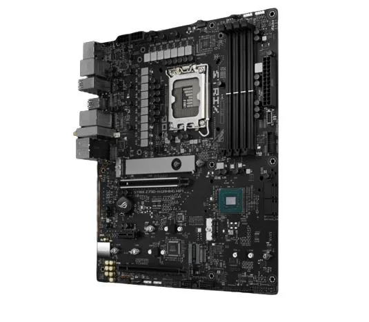 ATX motherboard with black heatsinks and silver I/O shield