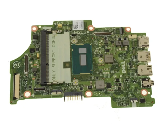Green rectangular laptop motherboard with silver CPU socket and black components