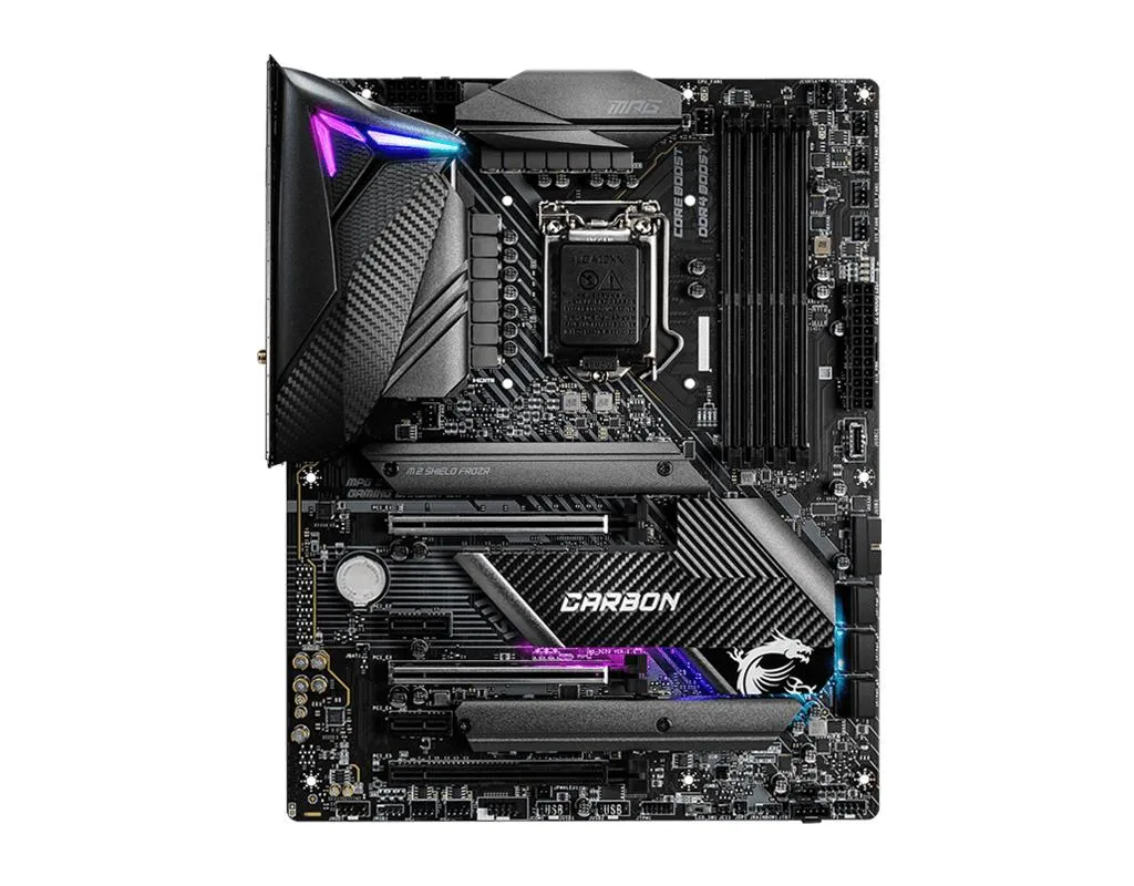 ATX motherboard in carbon fibre finish with integrated I/O shield