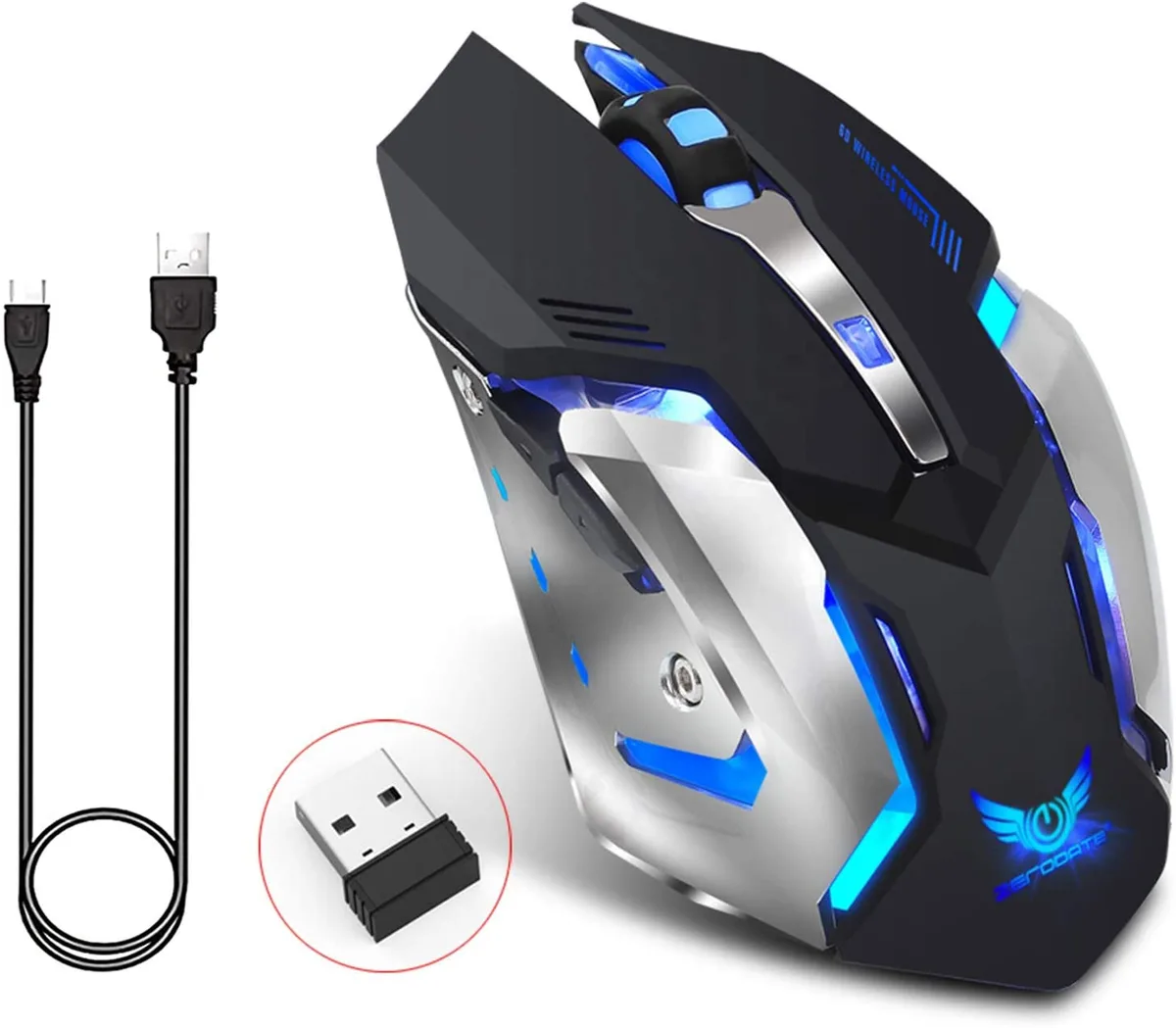 Black ergonomic wireless gaming mouse with six buttons and LED lighting