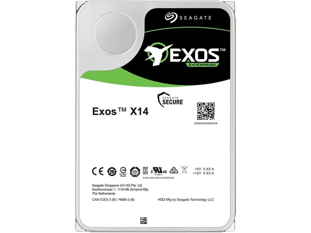 Seagate Exos X14 10TB 3.5 inch internal hard drive, bare silver aluminium casing with green circuit board visible on underside
