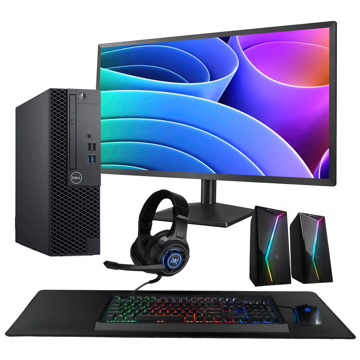 Black Dell OptiPlex 3060 tower with 24 inch monitor keyboard mouse and RGB speakers