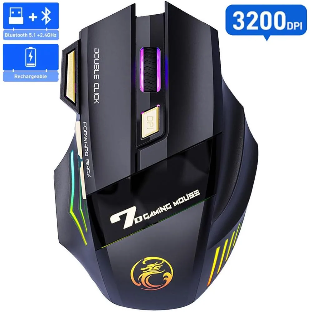 Black wireless gaming mouse with seven buttons and RGB lighting