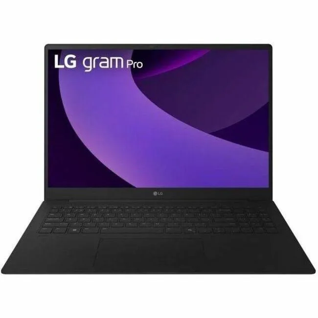 Silver 16 inch LG Gram Pro laptop with thin bezels and backlit keyboard