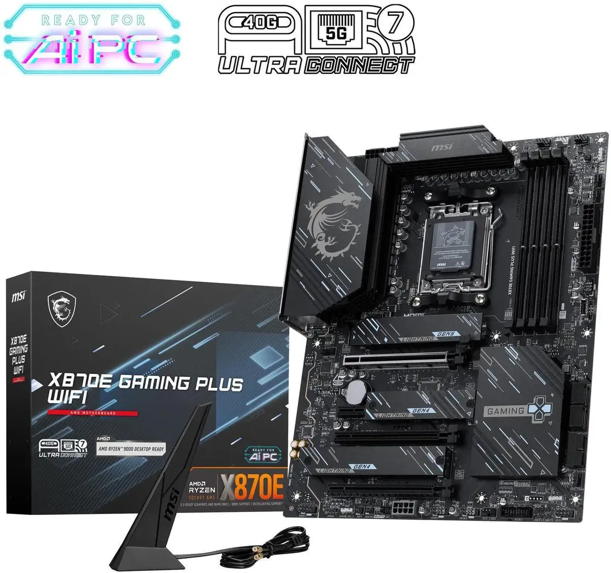 Rectangular ATX motherboard with black PCB, silver heatsinks and silver I/O shield