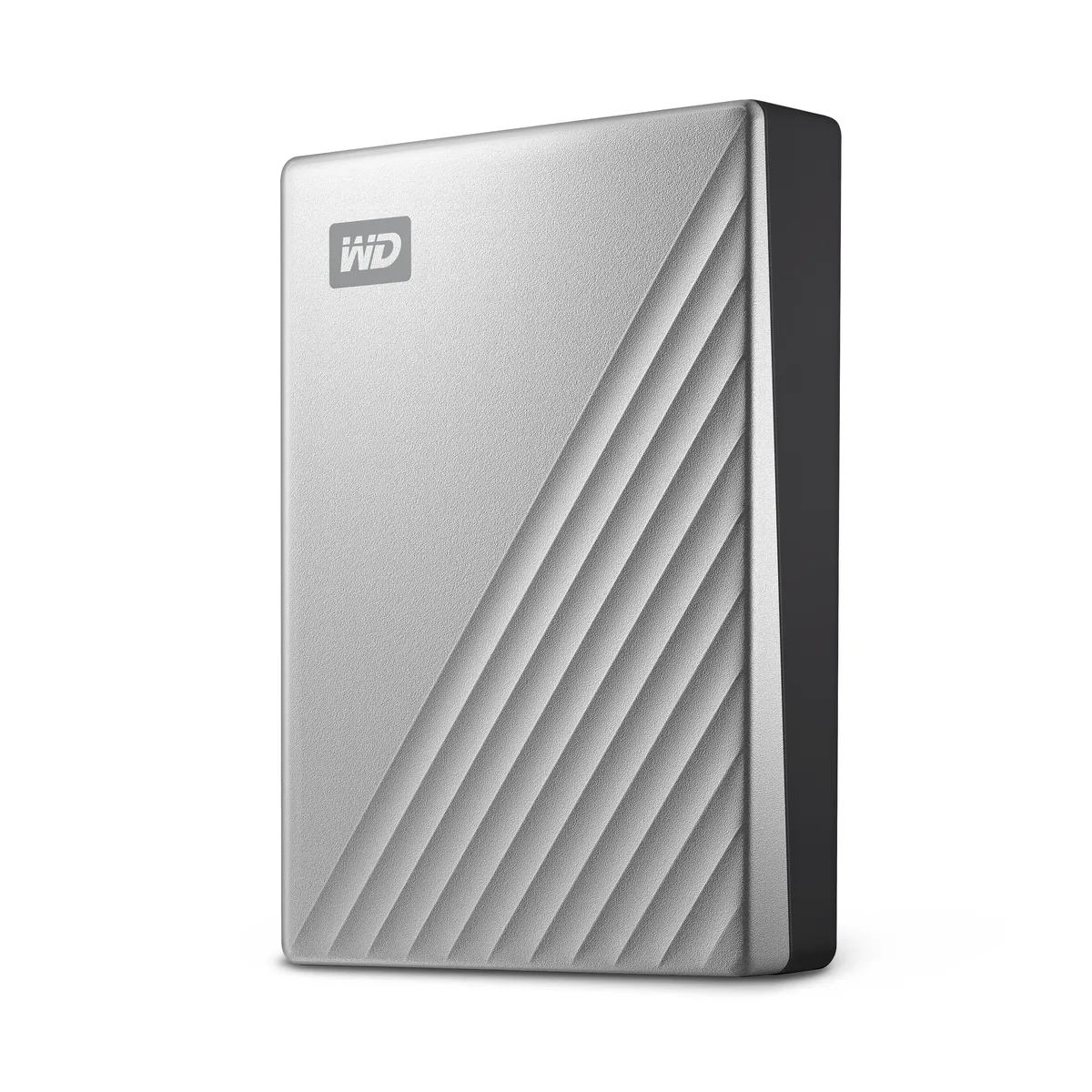 Silver rectangular portable hard drive with rounded edges, smooth metal finish, USB-C cable and adapter included