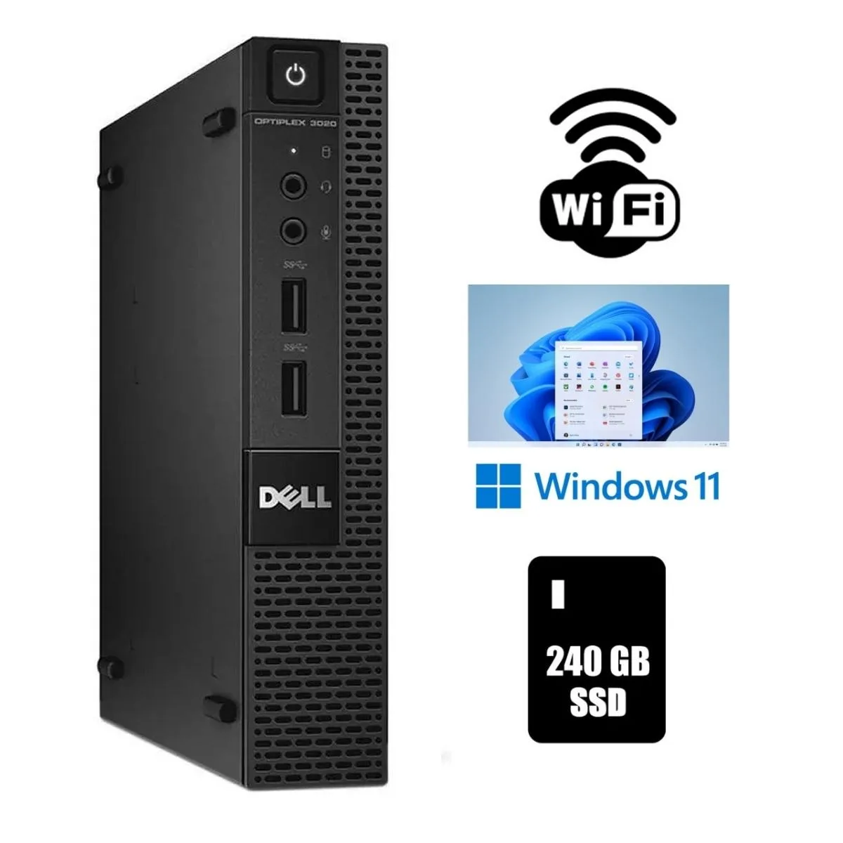 Small black micro desktop tower with power adapter and USB Wi-Fi dongle