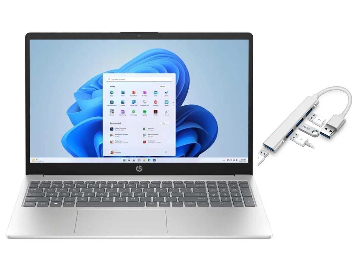 Silver 15.6-inch non-touch laptop, flat matte finish, thin profile, standard clamshell form