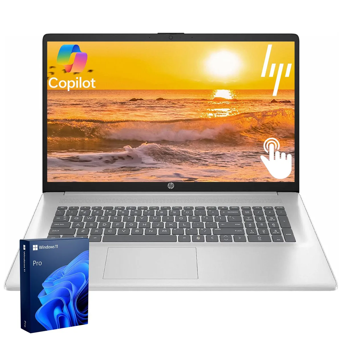 Silver 17.3 inch touchscreen laptop with numeric keypad