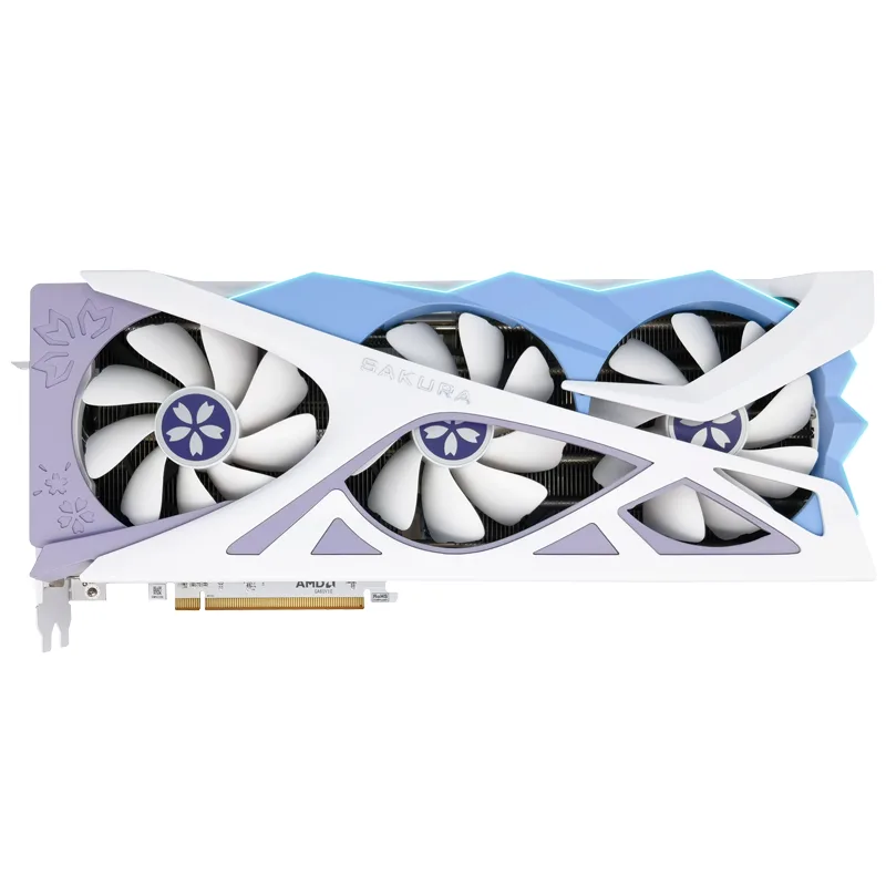 Yeston Radeon RX 9070 XT triple-fan graphics card with Sakura logo light