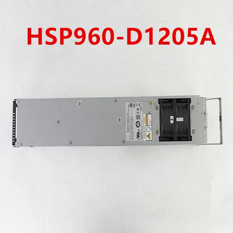 Rectangular metal power supply unit with fan grille and label showing HSP960-D1205A