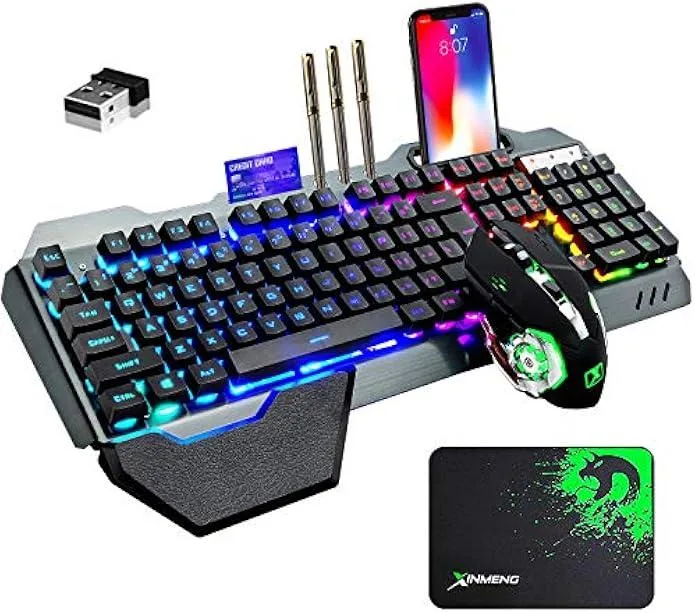 Black wireless keyboard and mouse set with brushed metal panel and RGB lighting